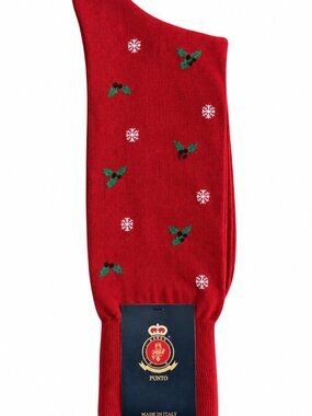 Punto Italian Christmas Red Mens Dress Socks Egyptian Cotton Holly Snowflake